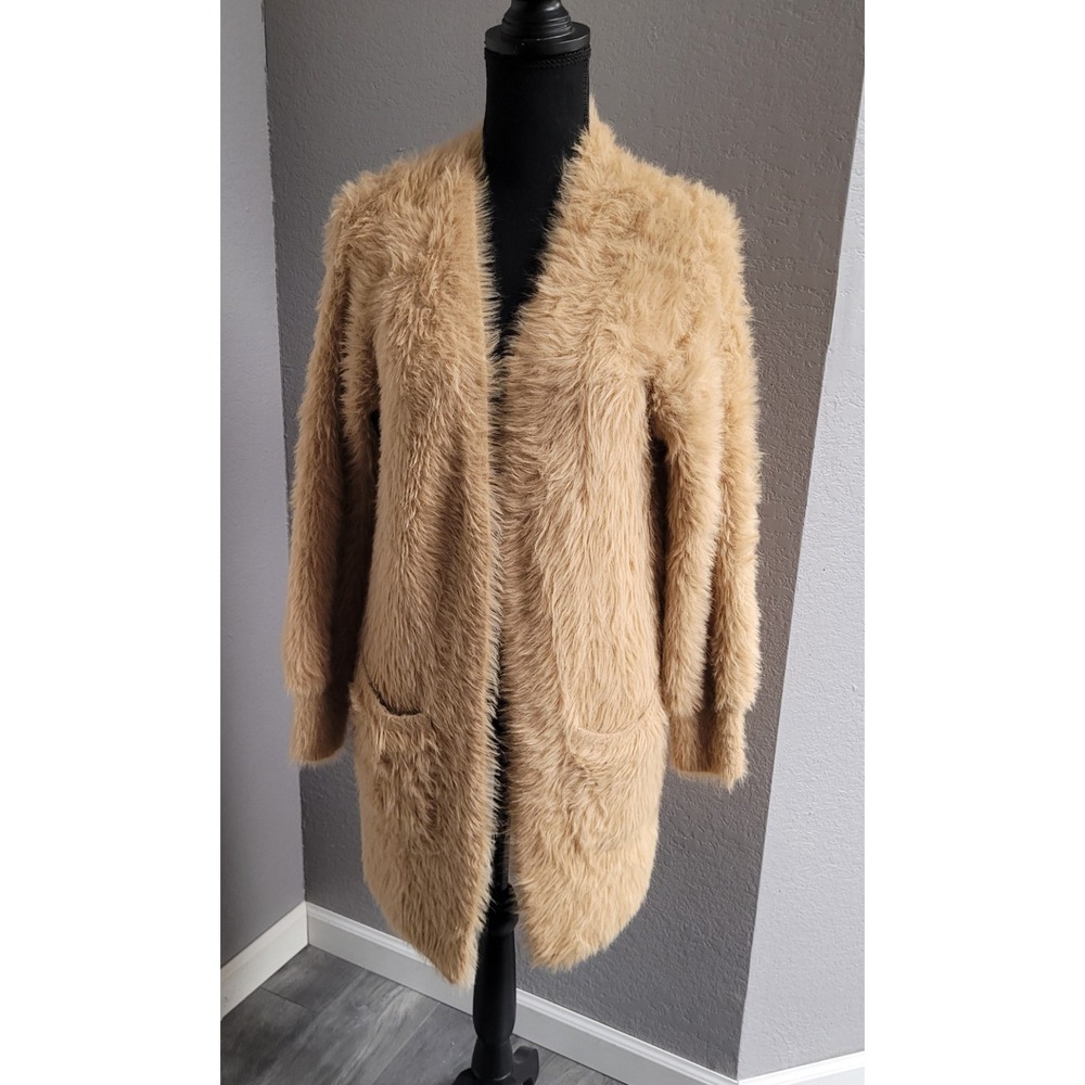 Forever 21 Tan Plush Faux Fur Shag Duster Cardigan Jacket Sweater Women's Size S
